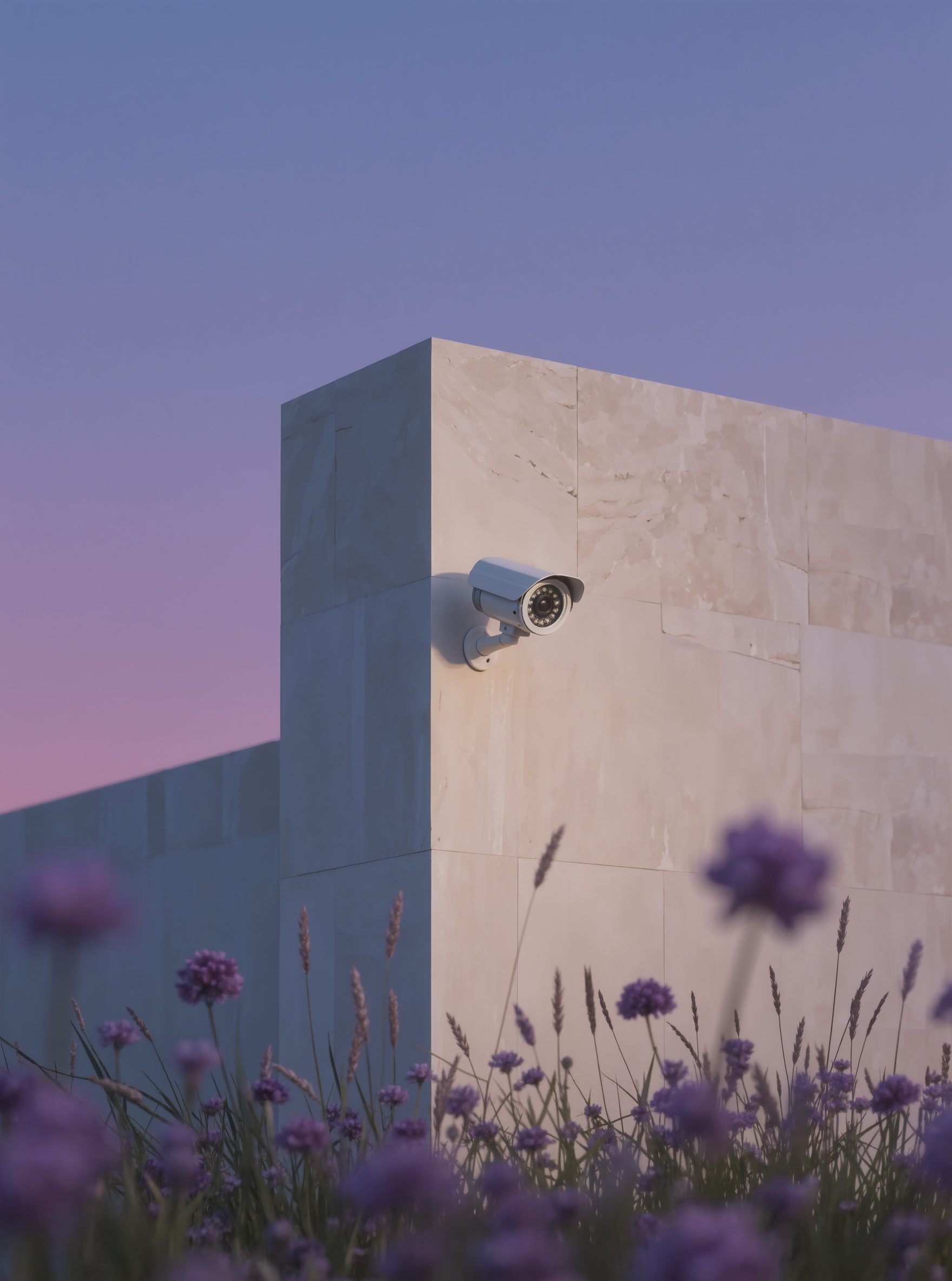 A security camera on a limestone wall at dusk